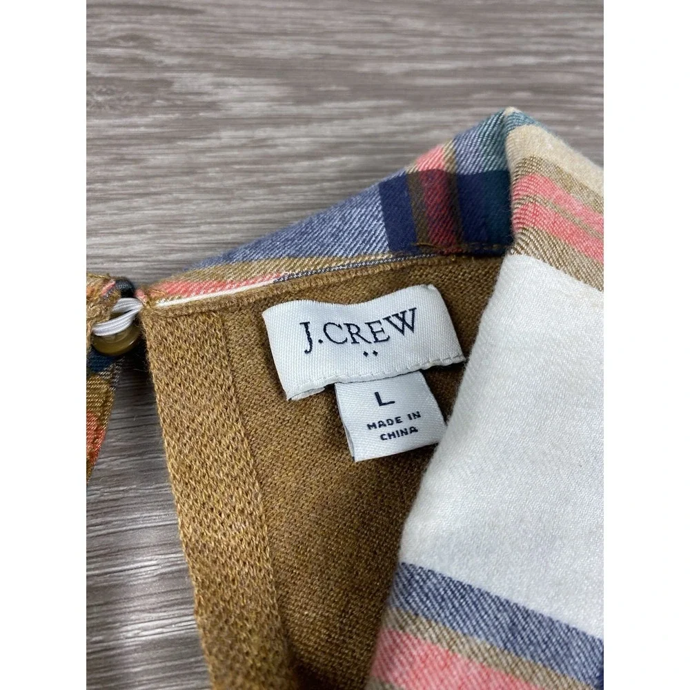 J Crew Women's Long Sleeve Plaid Accent Collar & Hem Sweater‎ Brown Size Large